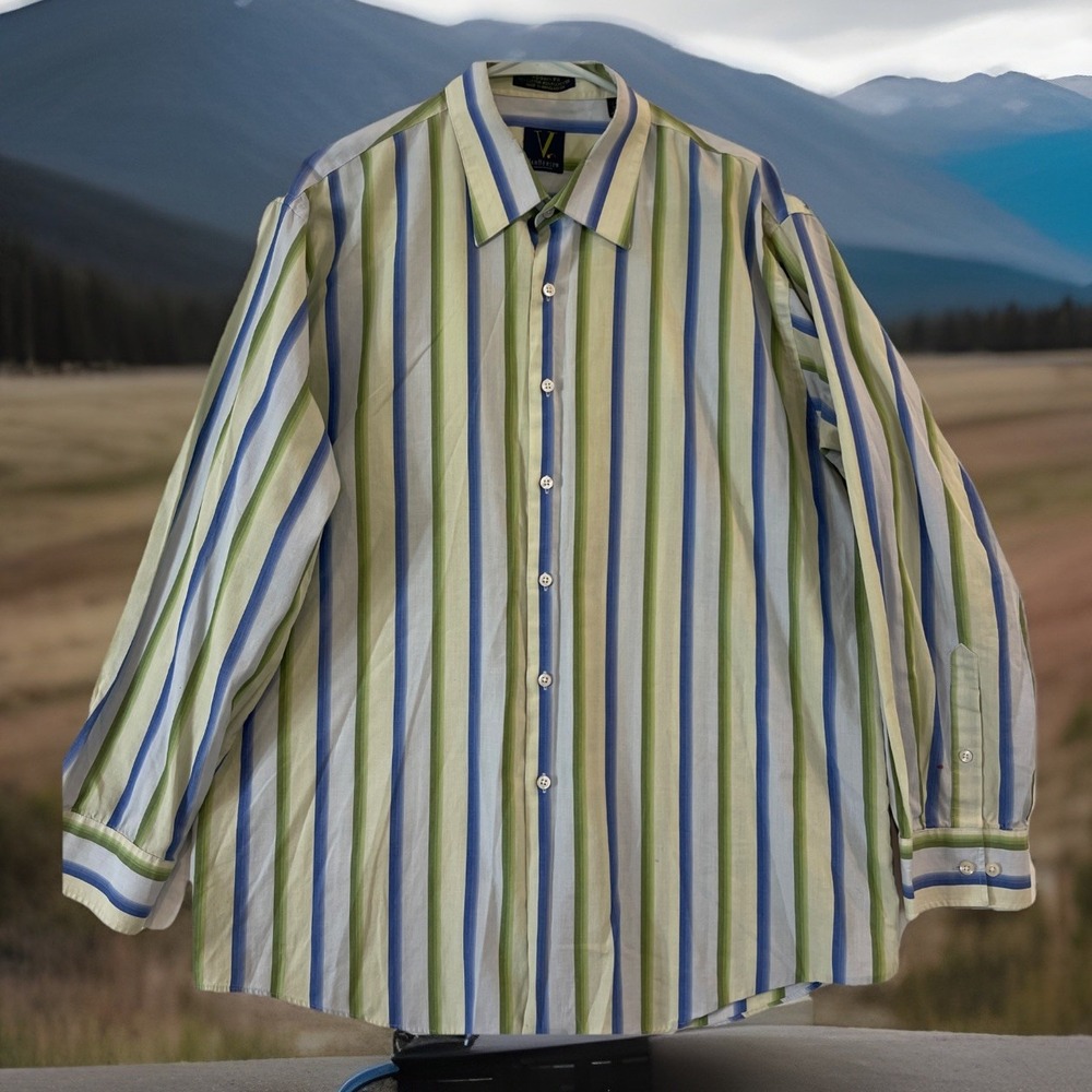 Van Heusen Men‎ Sz XL Button Up Shirt BLUE, Greens, & White Striped Long Sleeve